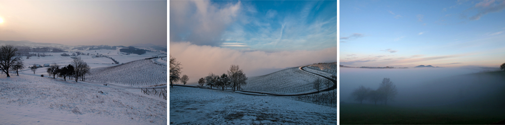 Landschaft Schnee Bad Gleichenberg, Werbeagentur Aussicht auf Bad Gleichenberg, Schnee, Nebel, Kälte, Grafik