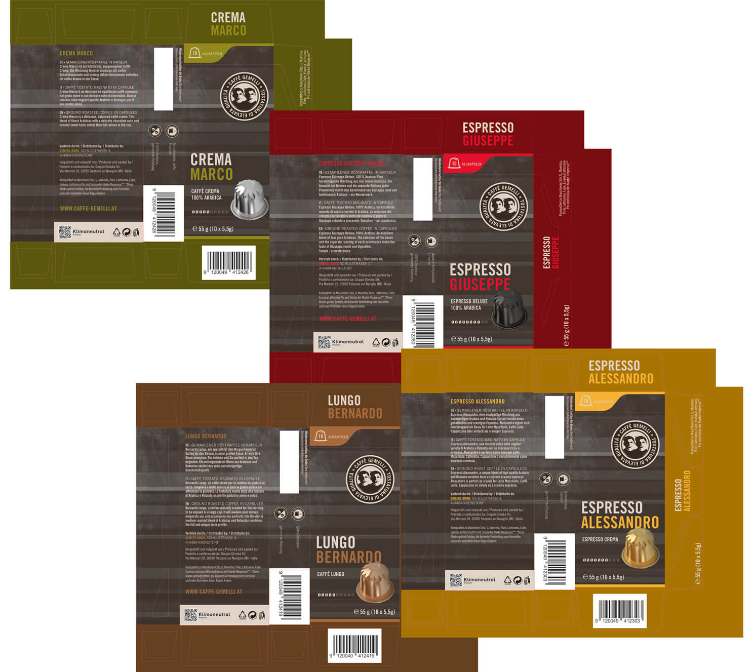 packagedesign, packaging, Kapselkaffee, Caffe Gemelli, Package-Serie, Gestaltung, Kapsel, Stanze